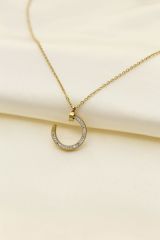 Çelik Gold Renk Zirkon Taşlı Çivi Model Kadın Kolye