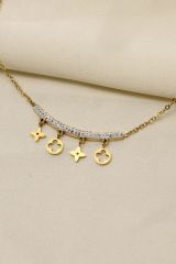 Çelik Gold Renk Zirkon Taşlı Minimal Yonca Tasarımlı Kadın Kolye