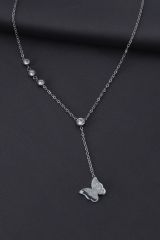 Çelik Gümüş Renk Zirkon Taşlı Simli Kelebek Tasarımlı Kadın Kolye