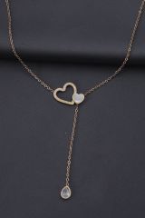 Çelik Rose Renk Taşlı Sedefli Simli Kalp Tasarımlı Kadın Kolye