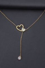 Çelik Gold Renk Taşlı Sedefli Simli Kalp Tasarımlı Kadın Kolye