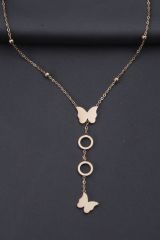 Çelik Rose Renk Kelebek Tasarımlı Kadın Kolye