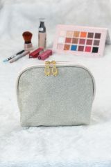 Bej Renkli Simli Makyaj Çantası