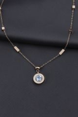 Çelik Rose Renk Kristal Taşlı Oval Tasarımlı Kadın Kolye