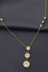 Çelik Altın Renk Sıralı Taşlı Oval Tasarımlı Kadın Kolye