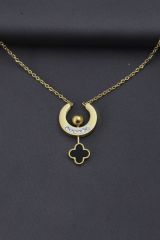 Çelik Altın Renk Zirkon Taşlı Mineli Yonca Tasarımlı Kadın Kolye