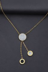 Çelik Gold Renk Zirkon Taşlı Oval Tasarımlı Sedefli Kadın Kolye