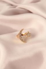 Ay Yıldız Model Gold Renk Zirkon Taşlı Ayarlanabilir Kadın Yüzük
