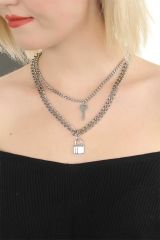 Gümüş Renk Çift Zincirli Anahtar ve Kilit Kadın Çelik Kolye